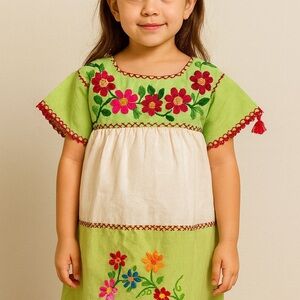 Girls Mexican Embroidered Dress Green White Cotton Handmade Huasteco Folk Size 4